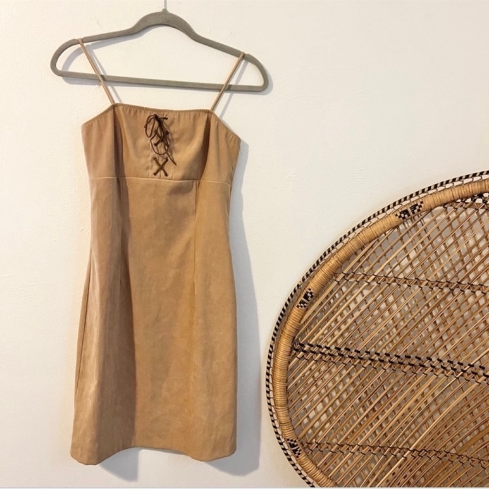 Y2K finesse USA Tan  faux suede lace up top mini dress size small